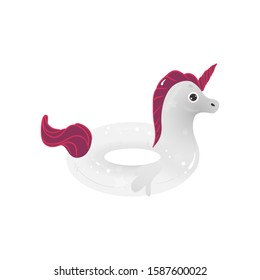 Unicorn shaped inflatable swimming ring cartoon vector illustration isolated on white background. Water circle accessory for summer beach and swimming pool fun.