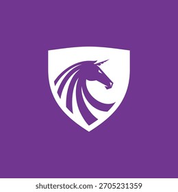 Ilustración vectorial de diseño de logotipo de escudo de unicornio