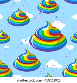 Unicorn shit seamless pattern. Turd color rainbow background. Multicolored cal fantastic animal ornament. Mythical creature manure, poop and clouds