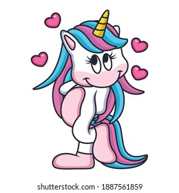 Unicorn Shy Expression with Love. Cartoon Vector Icon Illustration. Animal Love Icon Concept Isolated Premium Vector.