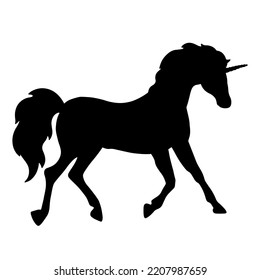 Unicorn silhouette, black flat plain design. Magic creature contour. Vector