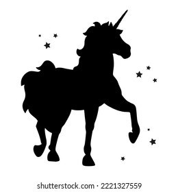 Unicorn silhouette, black flat plain design. Magic creature contour. Vector