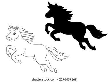 Unicorn silhouette and coloring book. Design element. Vector illustration isolated on white background. Template for books, stickers, posters, cards, clothes.