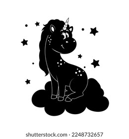 Unicorn silhouette concept. Charming pony sits on background of stars. Graphic element for website. Creativity and art. Design for invitation and greeting postcard. Cartoon flat vector illustration