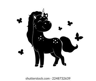 Unicorn silhouette concept. Graphic element for website. Logotype for company and organization, branding. Pony and fictional character, fairy tale and dream. Cartoon flat vector illustration