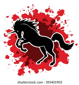 Unicorn silhouette designed on splash blood background graphic vector.