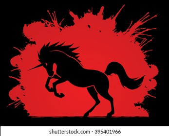Unicorn silhouette designed on splash blood background graphic vector.