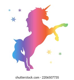 Unicorn silhouette, flat plain design with rainbow gradient colour. Magic creature contour. Vector isolated on white