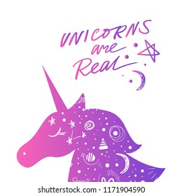 Unicorn silhouette head art. Hand drawn cute lettering postcard, poster, sticker. Follow your dream text. Vector illustration