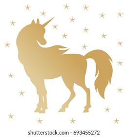 Unicorn silhouette illustration. Golden magic unicorn with stars on white background. Fairy horse animal. Cute magic cartoon fantasy cute animal.  Dream symbol. Design for children.