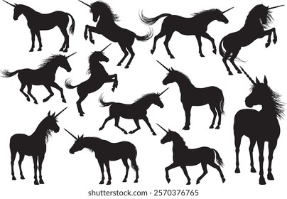 A unicorn silhouette mythological magical horse with horn animal set