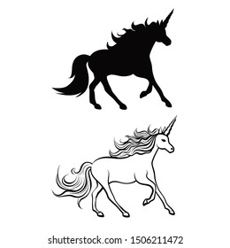 Unicorn silhouette and outline vector illustration.