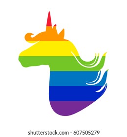 Unicorn silhouette. Rainbow flag in the shape of a unicorn. Beautiful magical animal. Design for card, poster, t-shirt. Vector illustration.