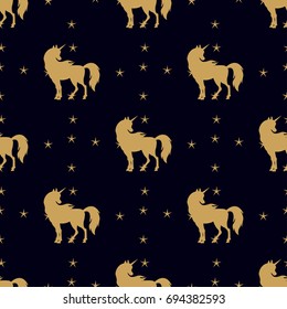 Unicorn silhouette seamless pattern. Golden magic unicorn with stars. Cute magic cartoon fantasy horse animal.  Dream symbol. Design for children. Children's background, for wallpaper, wrapping paper.