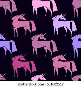 Unicorn silhouette seamless pattern Vector illustration. Fantasy cute magic background with funny animal unicorn
