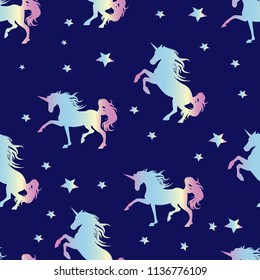 Unicorn silhouette seamless vector pattern. Holographic magic unicorn with star . pattern for girls.Creative  background for textile, prints, paper products, the Web. 