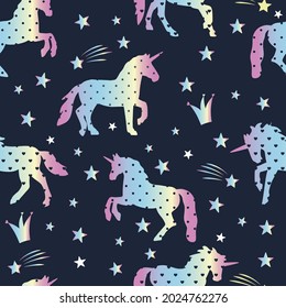 Unicorn silhouette seamless vector pattern. Holographic magic unicorn with star . pattern for girls.Creative  background for textile, prints, paper products, the Web. 