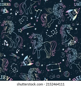 Unicorn silhouette seamless vector pattern. Holographic magic unicorn with star . pattern for girls.Creative  background for textile, prints, paper products, the Web. 