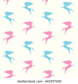 Unicorn silhouette seamless vector pattern. Colorful fairytale background. Mythical, fantasy, magic creature texture. Prancing small unicorns with long mane template.