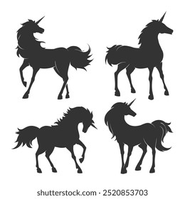 Unicorn silhouette set. Monochrome mythological creature unicorn horses isolated vector illustration