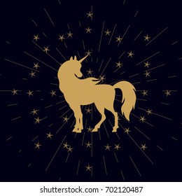 Unicorn silhouette with stars, sunburst effect. Golden magic cartoon fantasy horse animal. Dream symbol. Design for children. Cute background, for T-shirt print, poster, label, sticker, pillow, decor