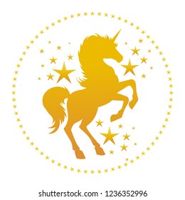 Unicorn silhouette with stars. Vector gold unicorn silhouette, mysterious fantasy fairy tale unicorns horse isolated on white