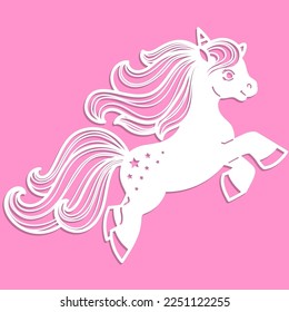 Unicorn silhouette. Template for laser cutting from paper, dnrva, metal. Cute childish magical character. For design toys, postcards, interior decorations, stencils, silkscreen printing, etc. Vector