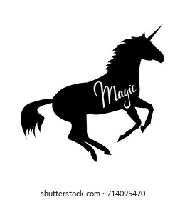 unicorn silhouette with text. Inspirational illustration design for print, banner, poster. Magic phrase on unicorn.