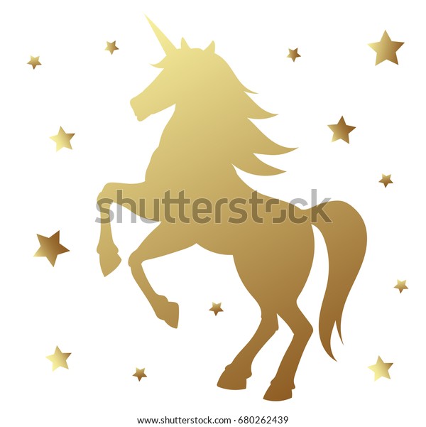 一角獣のシルエットベクターイラスト 白い背景に金色のマジックユニコーンと星 妖精の馬の動物 のベクター画像素材 ロイヤリティフリー