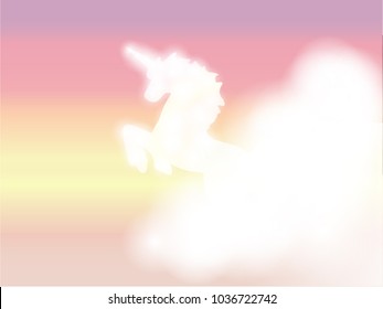 Unicorn silhouette vector illustration. white magic unicorn with cloud on pastel background. Fairy horse animal.