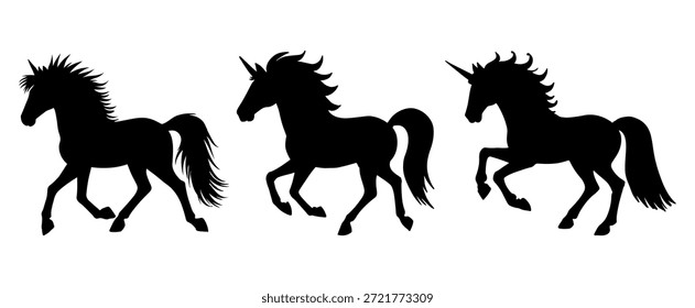 Conjunto de siluetas de unicornio Ilustración vectorial. Unicornio corriendo silueta negra sobre fondo blanco para el diseño mágico. No es IA	