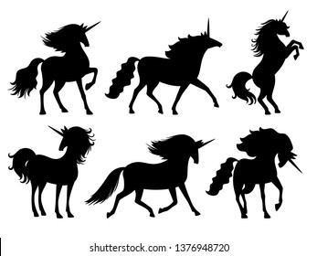 Unicorn silhouettes. Unicorns silhouette set isolated on white, mysterious horse animal, cute horsy myth spirit black scrapbook decoration vector illustration