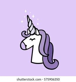 Unicorn with silver horn on a purple background. It can be used for website design, article, phone case, poster, t-shirt, mug etc.
