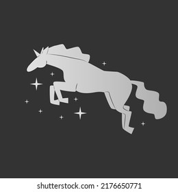 Unicorn. A silver silhouette on a dark background surrounded by stars. A fabulous animal in a jump sparkles with magic. Vector illustration.