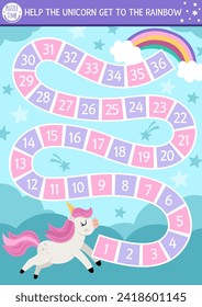 Unicorn simple dice board game for children with cute rainbow and falling stars. Fairytale boardgame with fantasy animal, sky background, clouds.  Magic world printable activity or worksheet 
