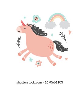 Unicorn of simple trendy cartoon style with elements. Unicorn of pink color for kids and magic textile, bag, t-shirt design. Isolated vector illustration.