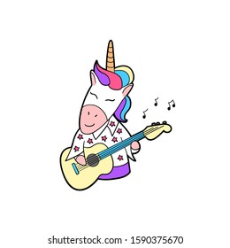 Unicorn singer and rock'n'roll musician sticker. Unicorn in a costume with a guitar in his hands. Unicorn isolated vector icon. Fantasy horse sticker, patch badge, doodle style.