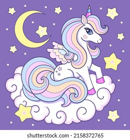 The unicorn sits on a cloud. Cute fantasy animal. For children's design of prints, posters, cards, stickers, etc. Vector