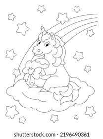 El unicornio se sienta en una nube y tiene un regalo de Pascua. Colorando la página del libro para los niños. Caricatura de estilo. Ilustración vectorial aislada en fondo blanco.