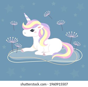The unicorn sits on the ground,
There are many small flowers floating in the air in the background