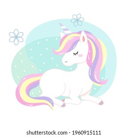 The unicorn sits on the ground,The background has irregular circles and small white dots