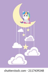 the unicorn sits on the moon in the clouds. sitting unicorn on the background of clouds. vector illustration, eps 10.