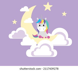 the unicorn sits on the moon in the clouds. sitting unicorn on the background of clouds. vector illustration, eps 10.