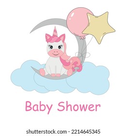 A unicorn sits on the moon in clouds with balloons.