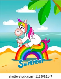 unicorn sits on the rainbow and drinks juice on the beach under the palm trees