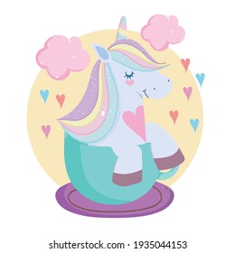 unicorn sitting cup hearts clouds