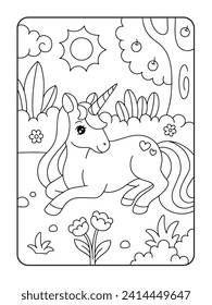 Unicorn sitting in the garden coloring page