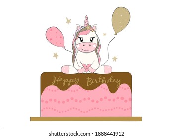 Unicorn sitting on cake with balloons. Happy birthday vector illustration.