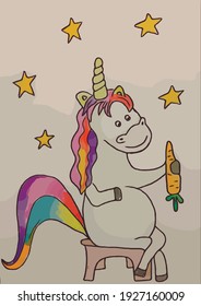 unicorn sitting on a chair and holding a carrot