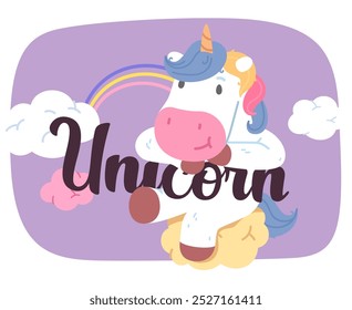 Unicorn sitting on cloud character fairytale decoration. Cute magical animal creature cartoon character in sky with rainbow. Beautiful fantasy children poster background concept vector illustration